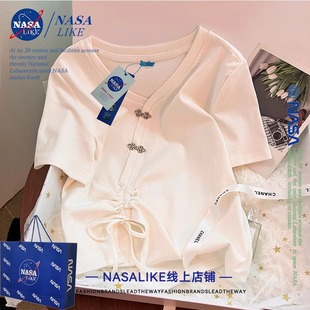 NASA~绑带设计感小众修身夏天短袖T恤女不规则V领抽绳短款ins上衣