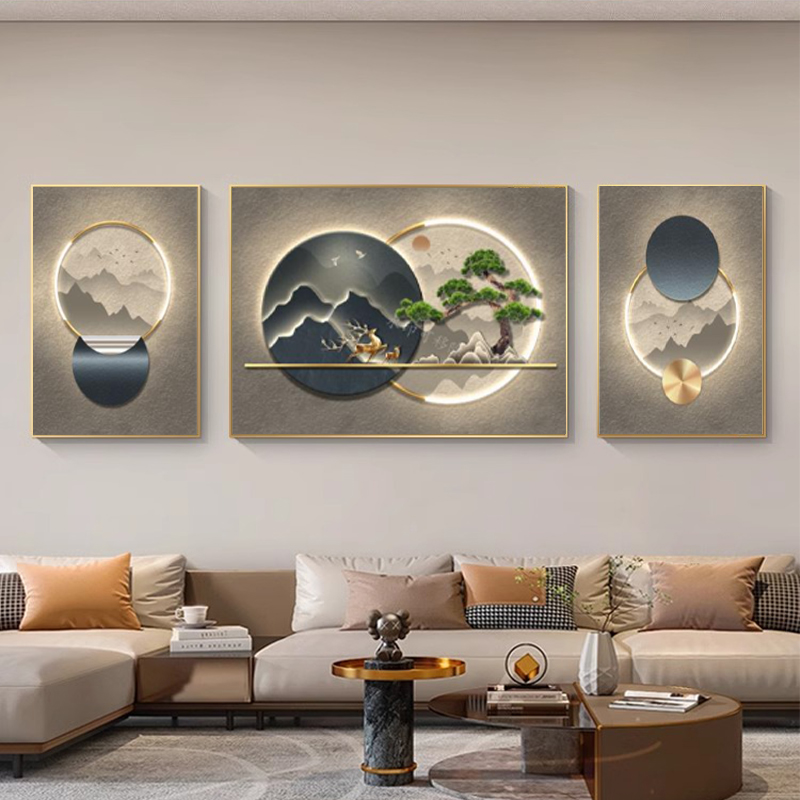 新中式客厅装饰画轻奢高级感迎客松挂画沙发背景墙壁画组合三联画
