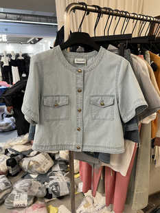 韩国youanmi时尚设计感复古薄款小个子短款单排扣牛仔衬衫外套女