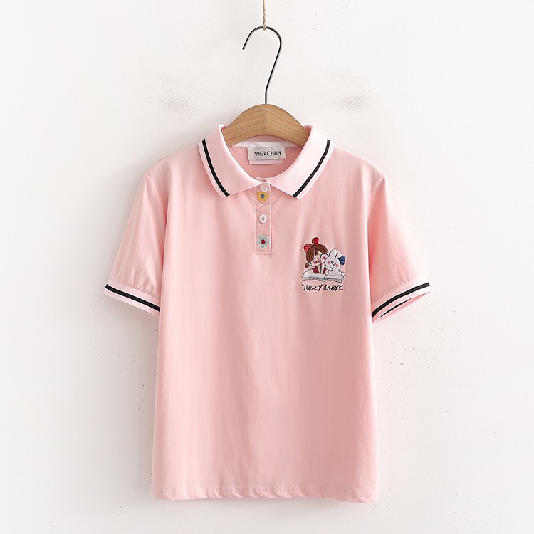 初高中学生甜美POLO领短袖T恤2022夏季装少女学院风宽松百搭上衣