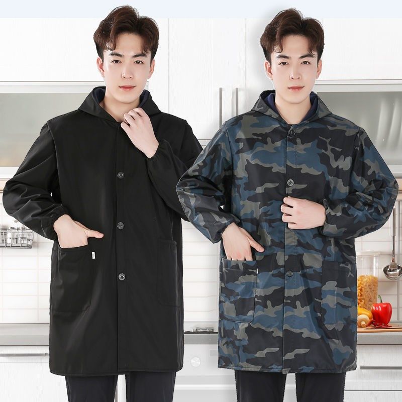 男士成人罩衣加绒加厚保暖长袖纽扣工作服围裙防水防油干活外套冬