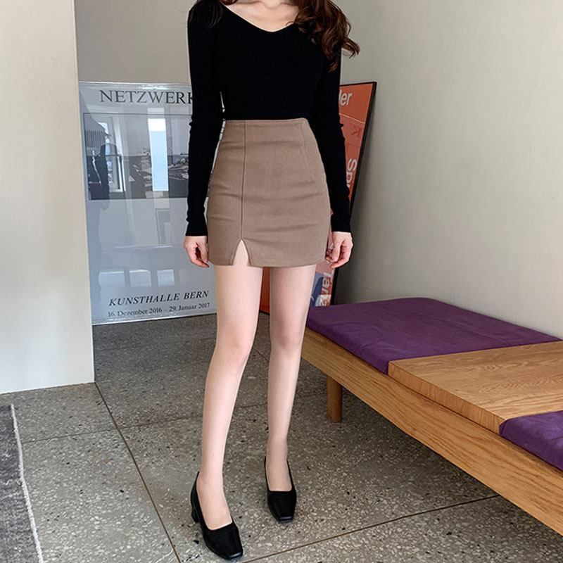 包裙女短款秋冬新款高腰显瘦一步裙子半身裙紧身包臀性感开叉短裙