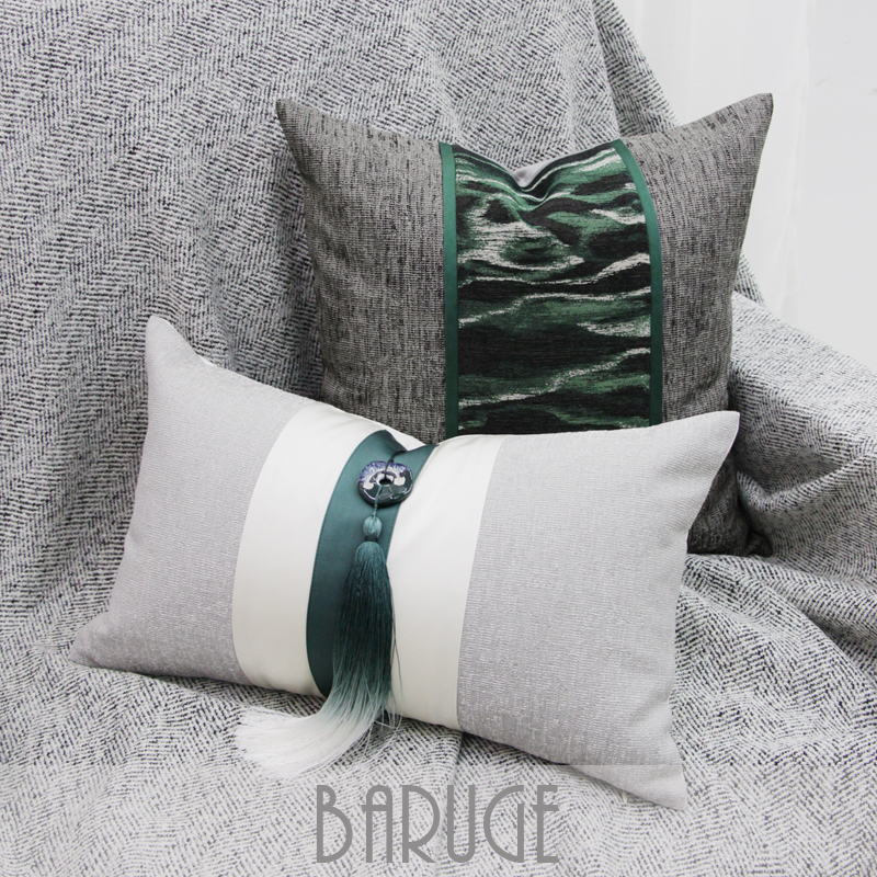 布瑞格 中式绿色渐变靠枕套样板间沙发抱枕轻奢复古吊穗流苏方枕