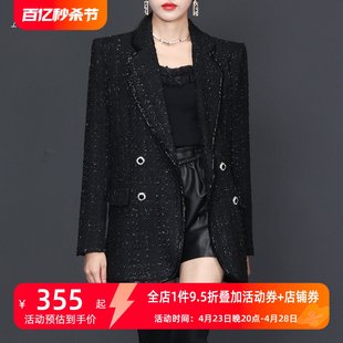 AUI黑色小香风西装外套女2024春秋新款高级感职业气质大衣加羽绒