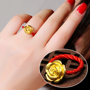 3d硬金黄金玫瑰花戒指红绳新款999足金鼠年本命年表白情人节饰品