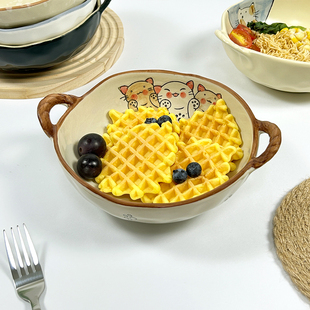 不规则双耳碗陶瓷日式手柄汤碗家用水果沙拉螺蛳粉大碗可爱面碗