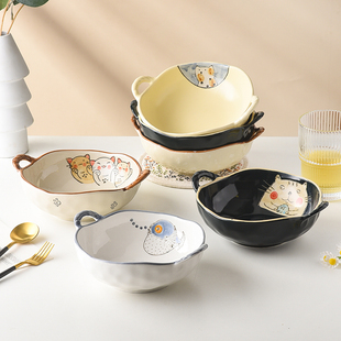 双耳碗陶瓷汤碗面碗家用2023新款带盖的汤盆可爱带手柄碗螺蛳粉碗