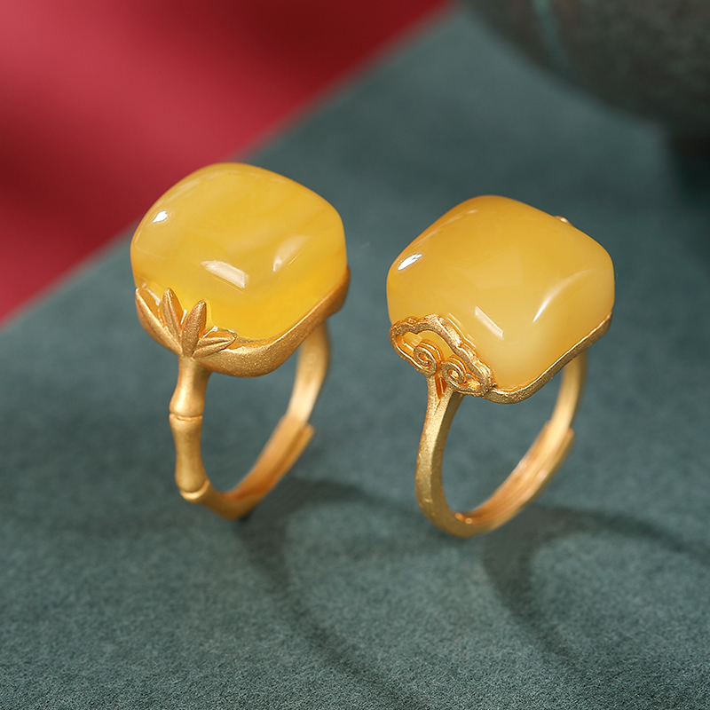s925纯银镀金天然琥珀蜜蜡戒指个性如意气质女士开口指环复古女款