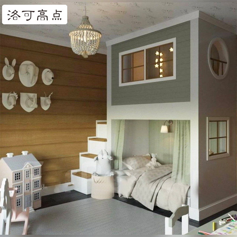 美式儿童卧室实木上下床地中海高低床儿童床现代窗户设计柜梯储物