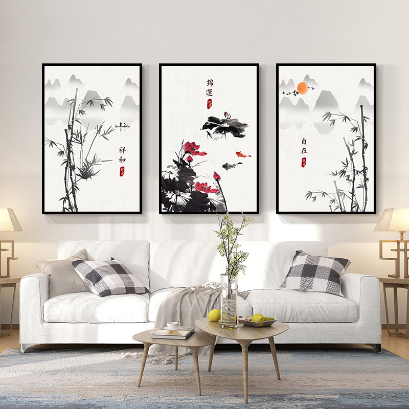 新中式画茶室禅意三联画客厅装饰画沙发背景墙挂画现代中式中国风