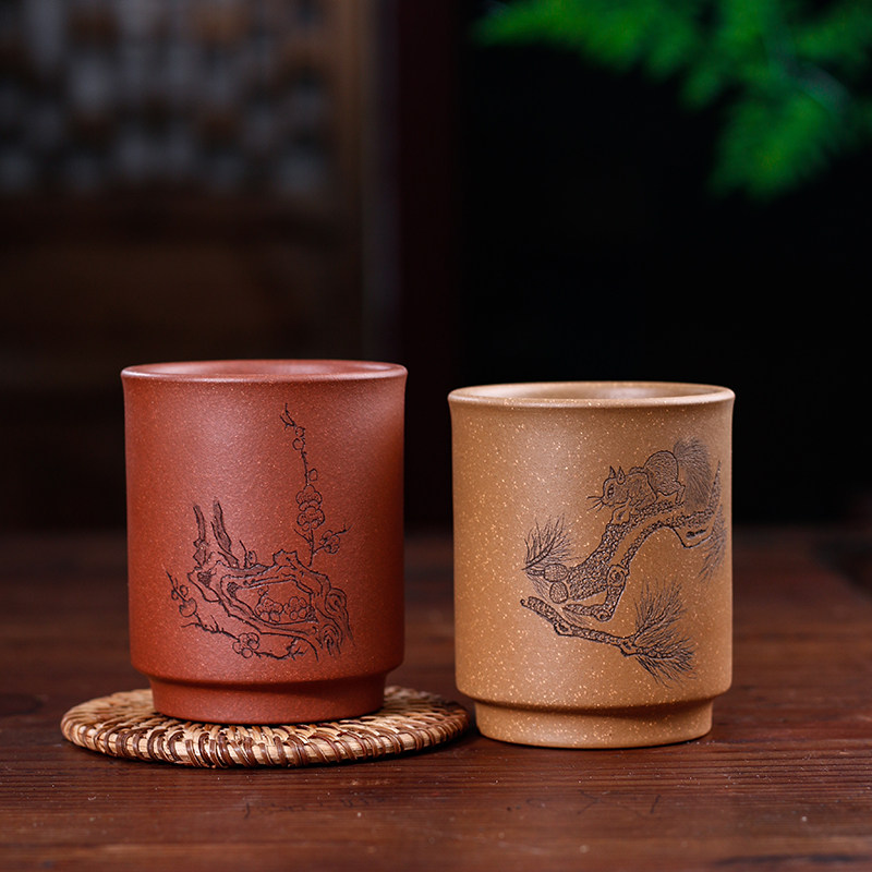 大号紫砂杯主人杯手工刻绘段泥茶杯办公室用杯200毫升降坡泥梅花