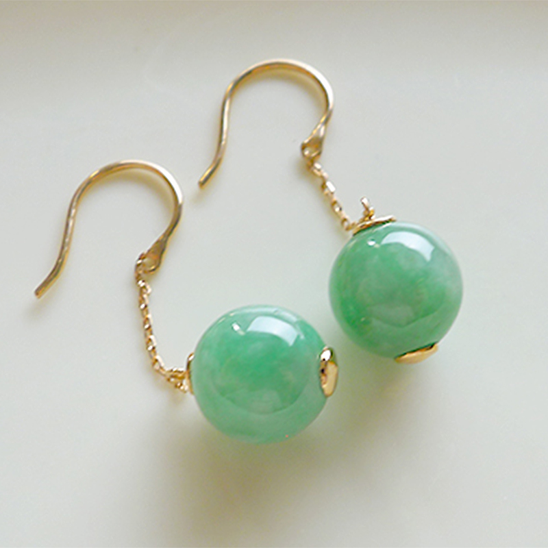 【源头好货-四会】18k金镶嵌天然a货翡翠圆珠耳环5.23克