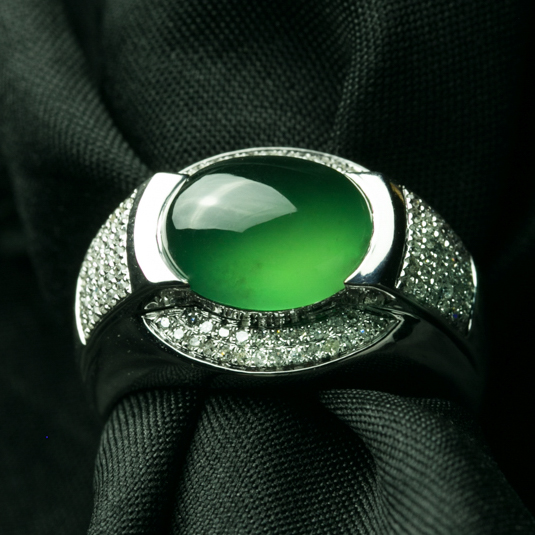 18k白金满钻镶嵌冰种满绿翡翠霸气豪华男戒7.17g