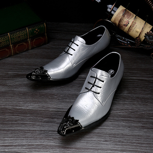 2017新款亮面尖头皮鞋男银色夜店男鞋个性系带潮流时尚发型师鞋子