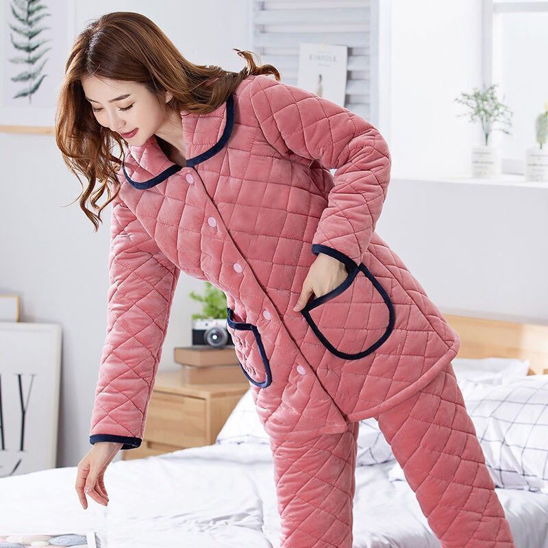 睡衣女冬季三层加厚珊瑚绒夹棉袄韩版可爱保暖加绒女士家居服套装