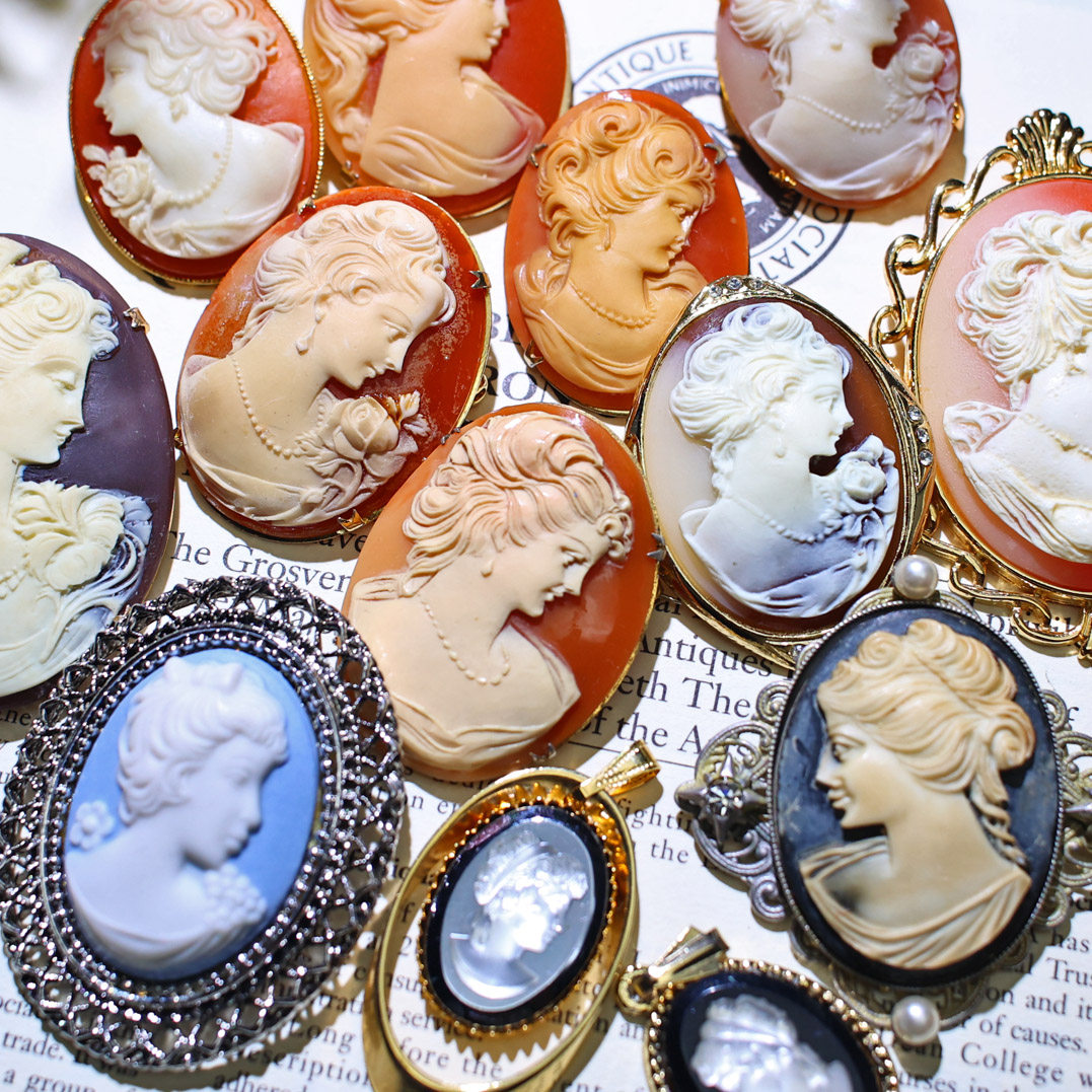 vintage中古饰品西德日本老树脂卡梅奥 仿贝雕cameo浮雕胸针吊坠