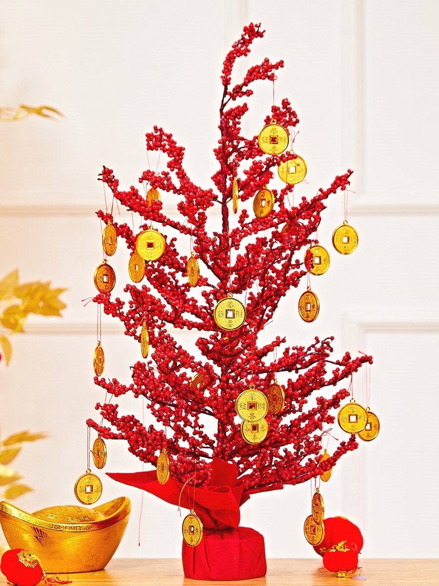 红果发财树客厅桌面摆件新年橱窗冬青福字假花仿真花发财果卧室餐