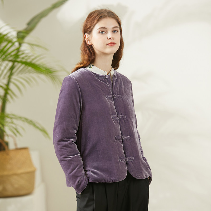 真丝丝绒中式薄羽绒服女复古盘扣小个子唐装冬季白鸭绒外套81740