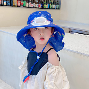 儿童防晒帽夏季女童帽子大帽檐宝宝防紫外线遮阳渔夫帽男童风扇帽