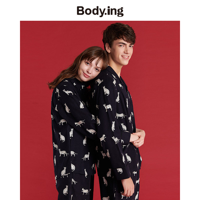 body.ing原创情侣款睡衣女男士藏青雪豹印花纯棉长袖家居服35509