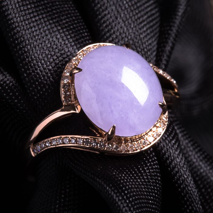 【精品翡翠-四会】18k金伴钻镶嵌紫罗兰翡翠蛋面戒指2.87g