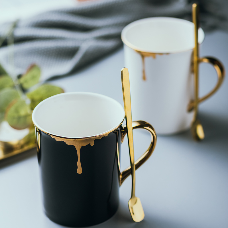 个性流金骨瓷咖啡杯家用下午茶杯子简约陶瓷金边早餐杯黑白情侣杯