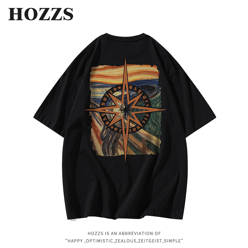 HOZZS/汉哲思复古十字星哥特字母呐喊油画猿人印花T恤男女同款