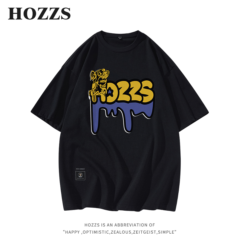 HOZZS/汉哲思融化字母创意猿人五角星印花宽松纯棉情侣T恤