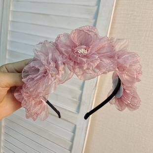 原创 粉色仙女风花朵发箍发卡花环仿真绢花蝴蝶结头箍日韩发饰品