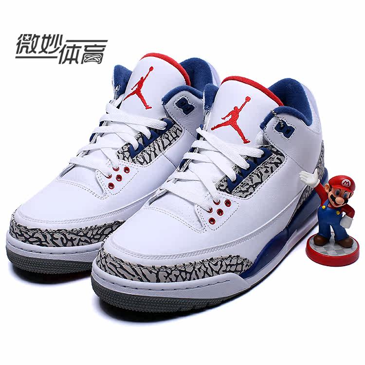 air jordan 3 og true blue元年白蓝配色,白色鞋面配黑灰爆裂纹,细节
