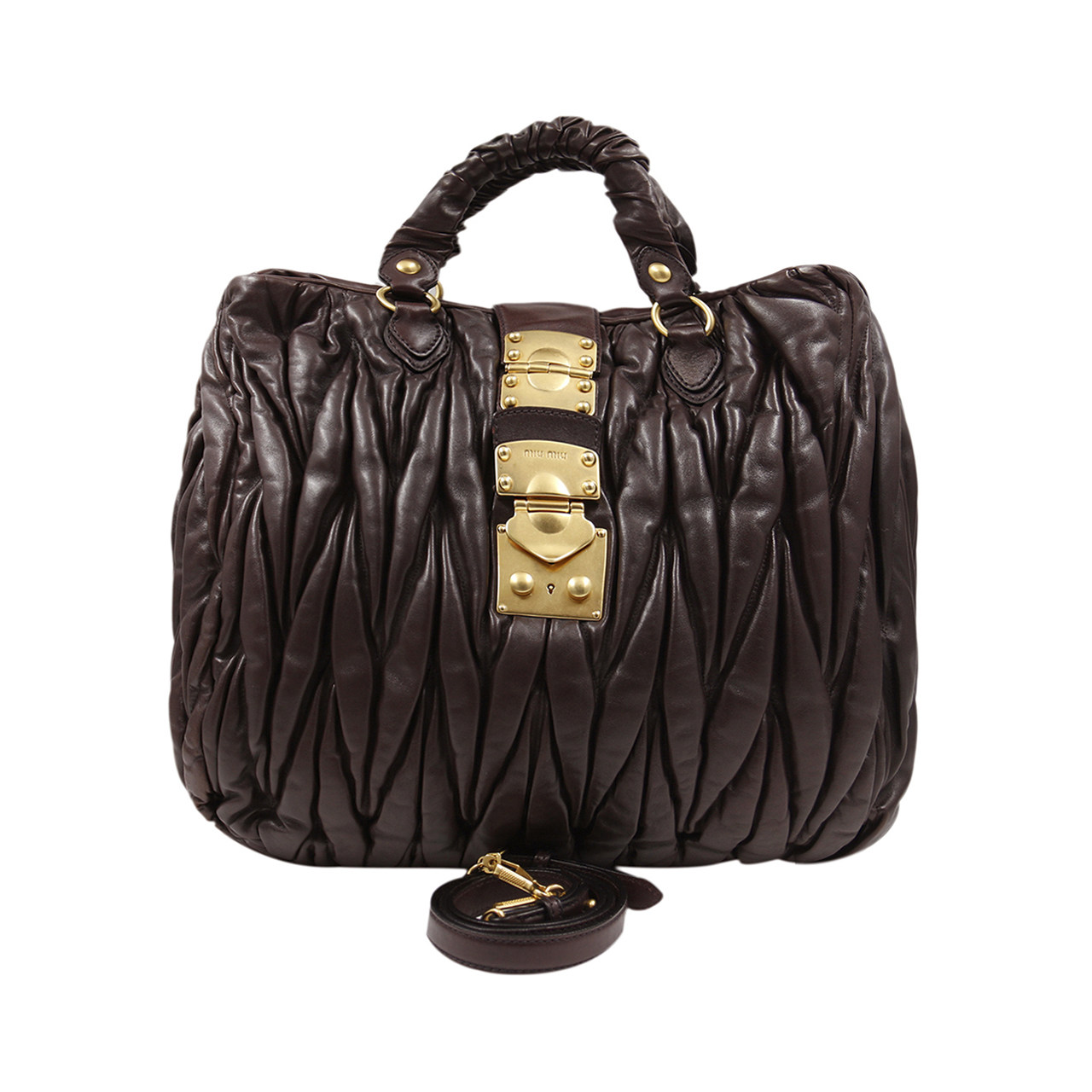 [9.0新]缪缪miumiu女士手提包可肩背棕色褶皱牛皮女包