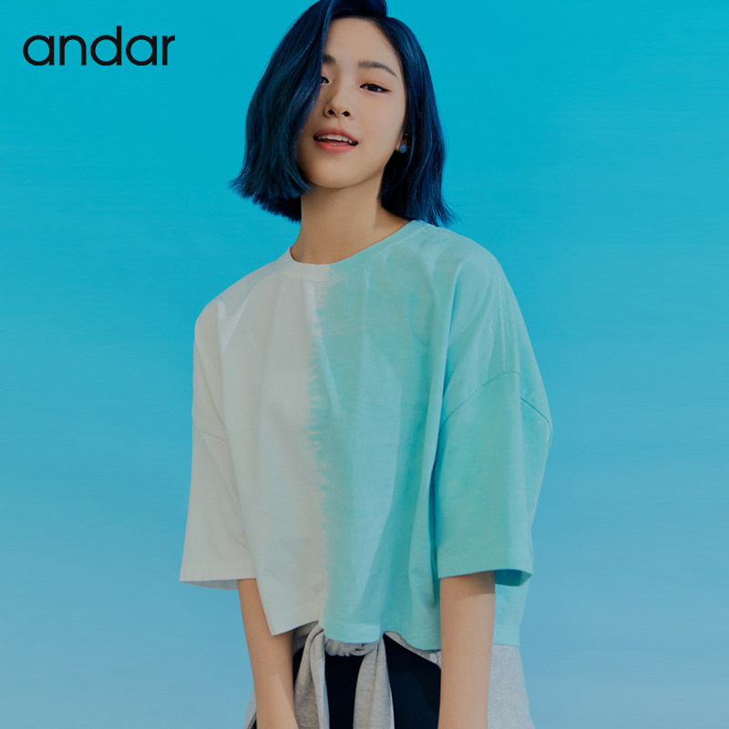 7折)韩国andar宽松t恤瑜伽短袖女休闲跑步健身运动服