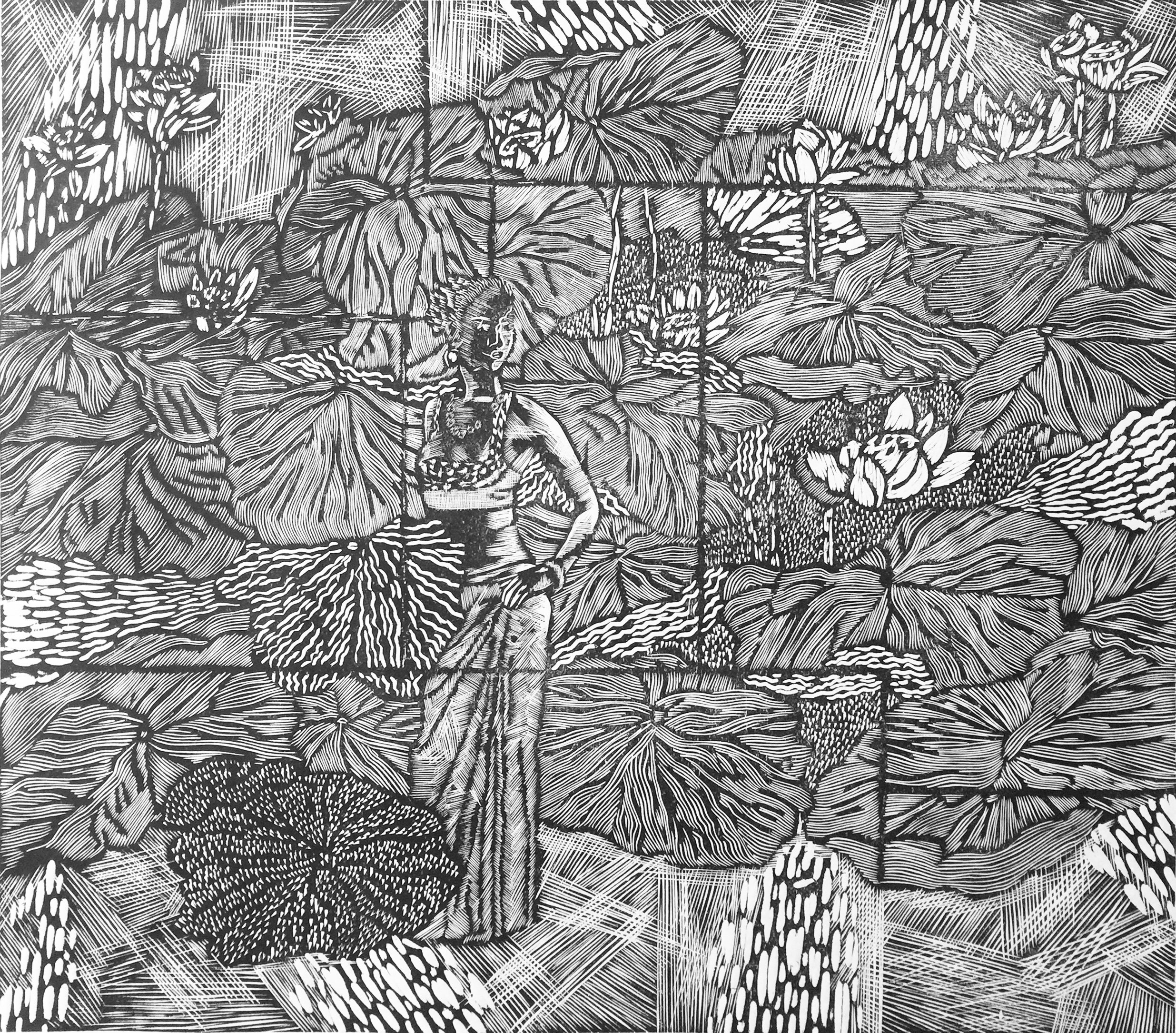 【学院艺术】云南艺院 张璐《荷》黑白木刻版画 10版