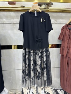 新中式盘扣夏款套装女2024新款国风黑色T恤蕾丝印花半身裙两件套