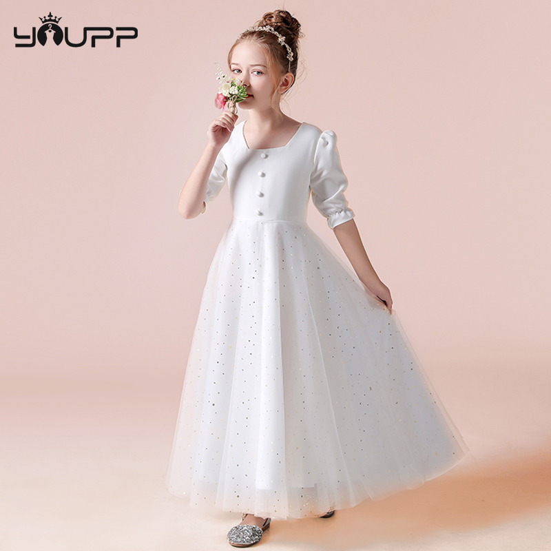 儿童钢琴比赛礼服女童十岁生日圆锁礼服白色中学生主持声乐表演服