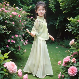 女童汉服夏装套装新款洋气大童短袖连衣裙儿童国风新中式表演服装