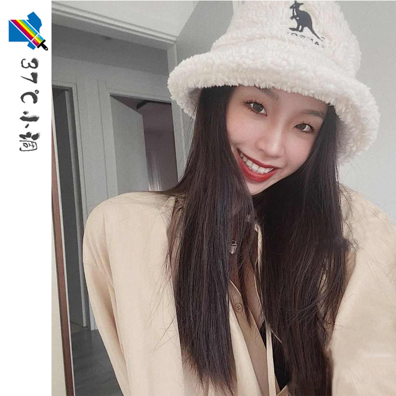 秋冬联名款hmkangol百搭渔夫帽女防风袋鼠羊羔毛白色泰迪绒盆帽