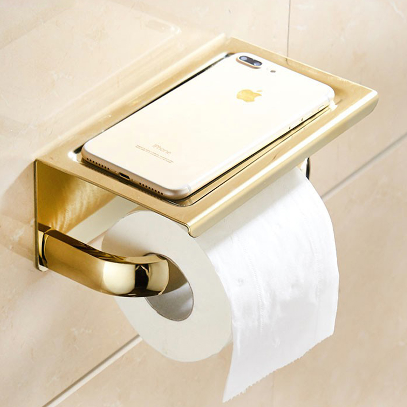 卫生间纸巾架轻奢金色不锈钢厕纸架置物架放手机厕所卷纸架免打孔