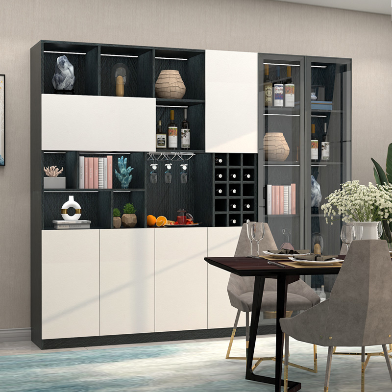 北欧简约黑白客厅大酒柜靠墙现代玻璃展示柜餐边柜带灯定制
