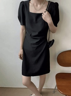 欧洲站2024夏季新款欧货女装方领泡泡袖小黑裙气质显瘦短裙