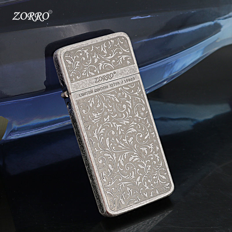 新款佐罗超薄煤油打火机限量版古银唐草花纯铜复古砂轮打火机男士
