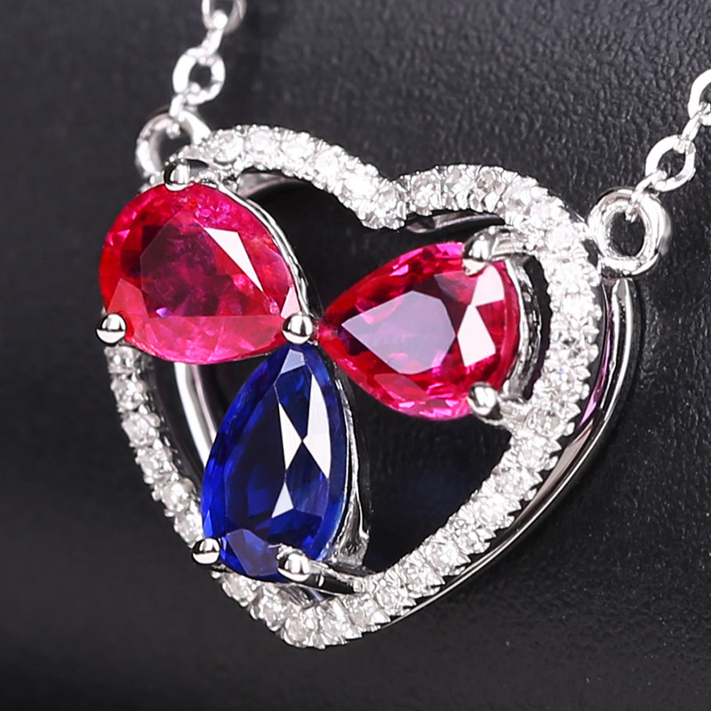 1ct/3颗天然红宝蓝宝吊坠配0.12ct钻石项链093690