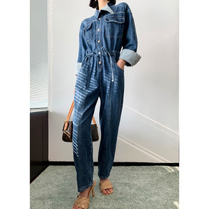 牛仔连体裤女春秋高腰显瘦宽松2022新款韩版休闲复古工装长裤女潮