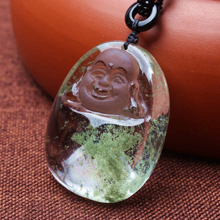 裸重42.89克 天然绿幽灵弥勒佛水晶吊坠