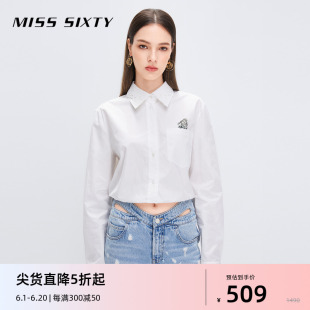 Miss Sixty白色衬衫女卡通兔子绣花叠领抽绳收腰显瘦短款上衣长袖