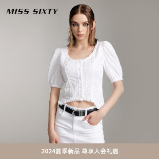 Miss Sixty2024夏季新款衬衫女镂空刺绣花边清新休闲气质白色上衣