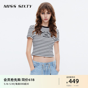 Miss Sixty条纹T恤女黑白撞色百搭修身简约短袖气质上衣显瘦