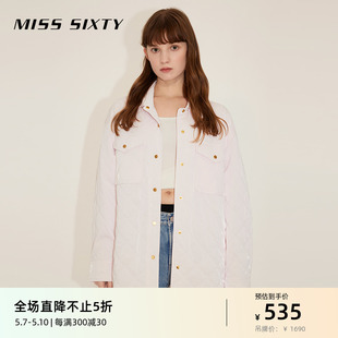 Miss Sixty棉服外套女浅粉色菱格宽松中长款时尚夹棉衬衫式