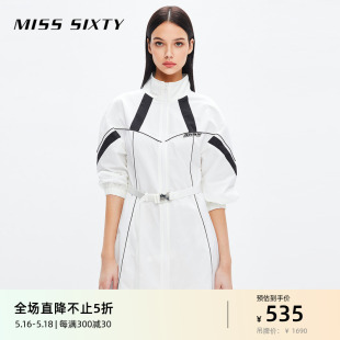 Miss Sixty长袖连衣裙女气质半高领配腰带收腰拼色复古运动风潮酷