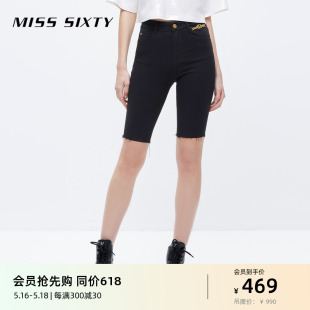 Miss Sixty牛仔短裤女弹力修身复古毛边黑色显瘦简约百搭街头